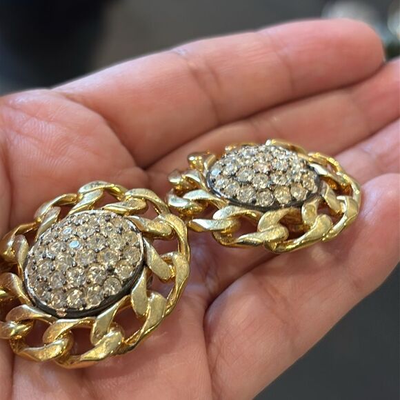 Gold and Silver Chain Link Pierced Rhinestone Earrings - Picture 7 of 7